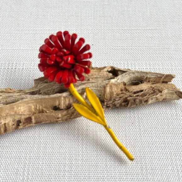 Vintage Red & Yellow Enamel Flower Brooch Pin 2.75" Retro Floral Jewelry - Picture 1 of 6